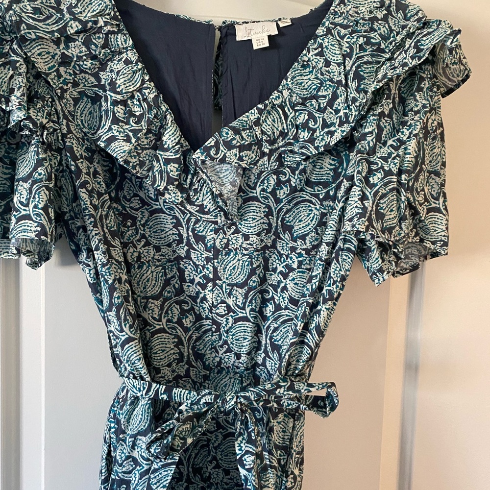Anthropologie blue and white romper with fun sleeves